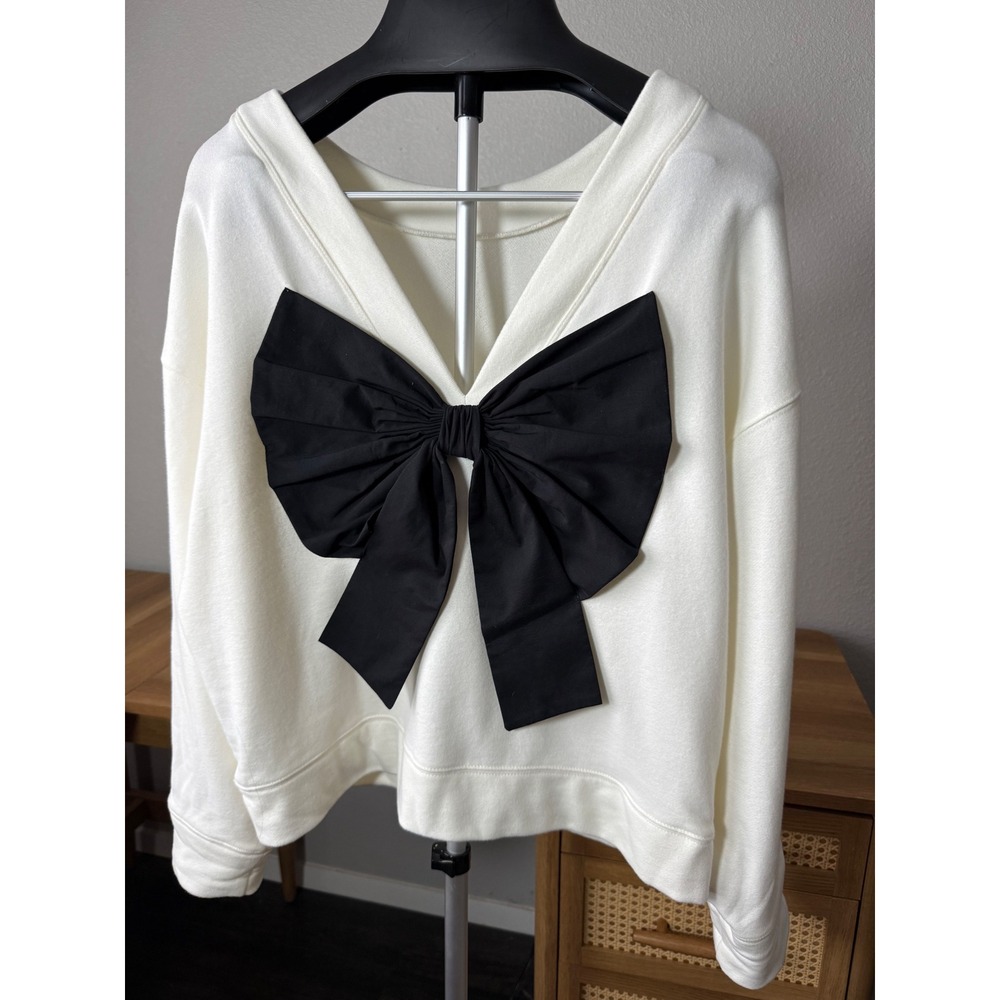 ON-34TH Womens Cream Sweatshirt Oversized Black Back Bow Pullover Large - Picture 4 of 10